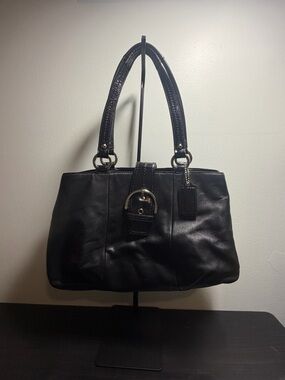 Coach SoHo Black Leather Shoulder Tote Bag with Buckle Accent